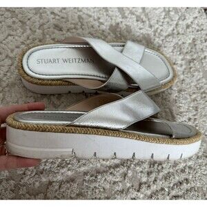 Stuart Weitzman Platform Cushioned Roza  Lift Slide Sandlas Leather Silver  9.5